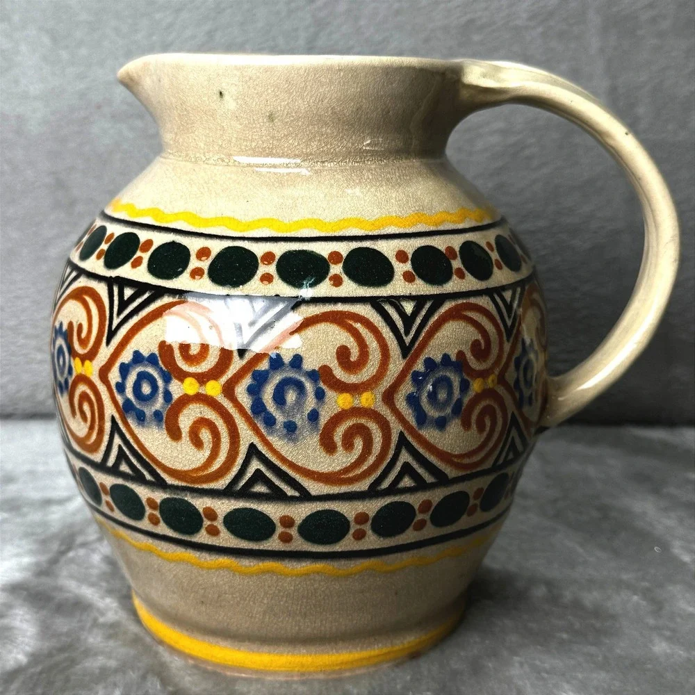 Vintage Mexican Folk Art Pottery Pitcher Tonala Style Hand Painted Ceramic Jug
